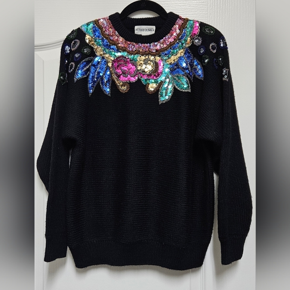 Alfred Dunner Vintage Black Sweater with Colorful Sequin Design.